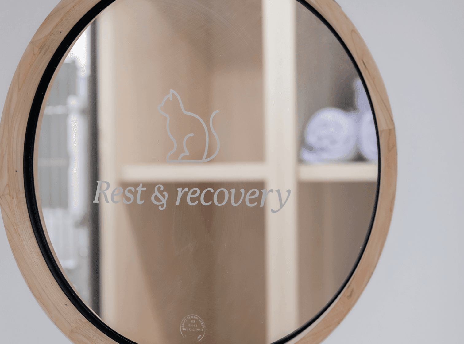 Round mirror with etched cat and "Rest & recovery" text reflecting a room.