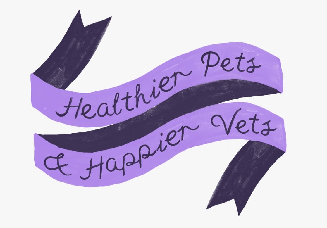 A purple ribbon with dark ends displays the words "Healthier Pets & Happier Vets" in a playful script, conveying care and happiness.